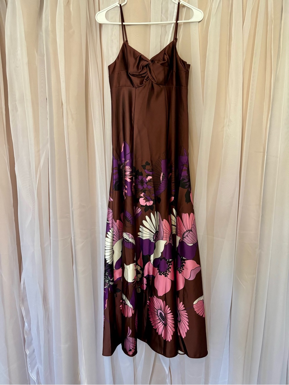 Express Size XS Satin Floral Maxi Dress in Burgundy with Pink & Purple Blooms